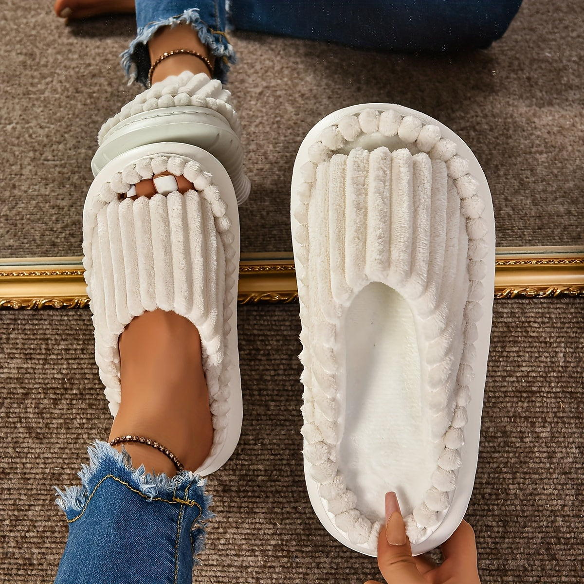 Women's Plush Half Toe Cap Slippers Warm Indoor Non-Slip EVA Sole