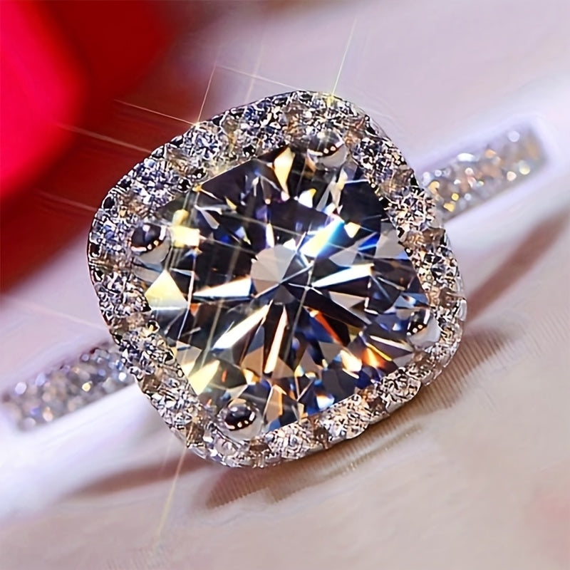 Sterling Silver Square Ring with Cubic Zirconia December Birthstone Celestial Design