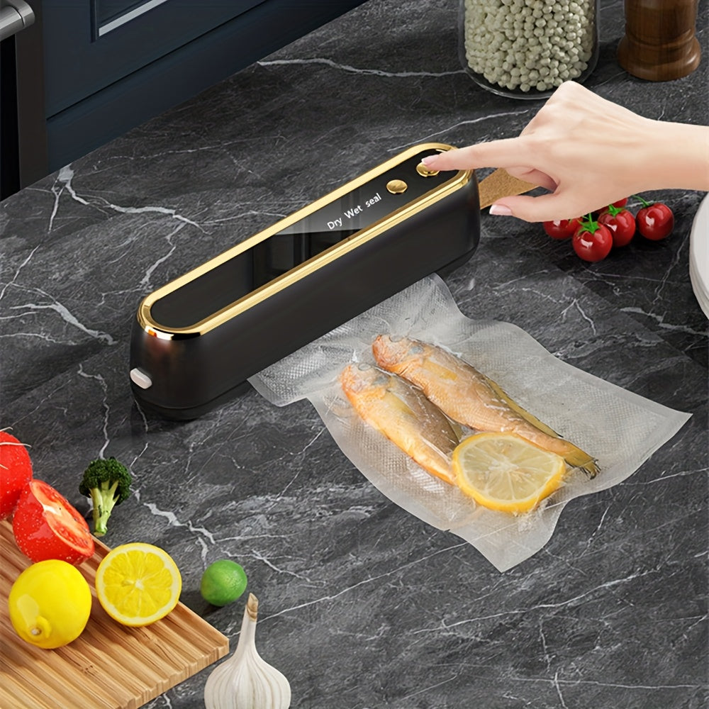 Oziq-ovqatni saqlash uchun kompakt simsiz vakuum yopishtiruvchi; qayta tiklanadigan USB/akku bilan ishlaydigan.