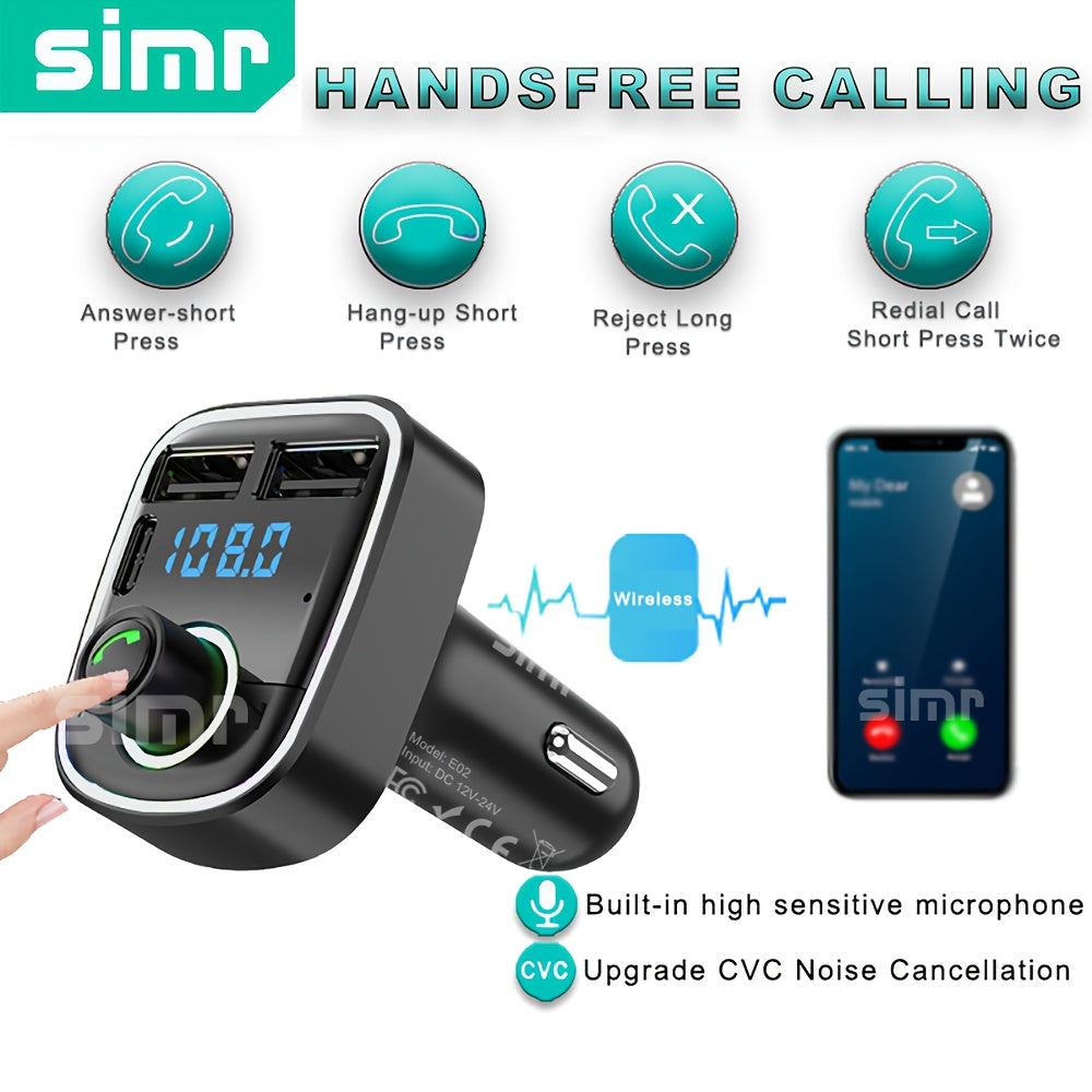 Wireless Car FM Transmitter with TF Card USB-C Dual Charging Hands-Free