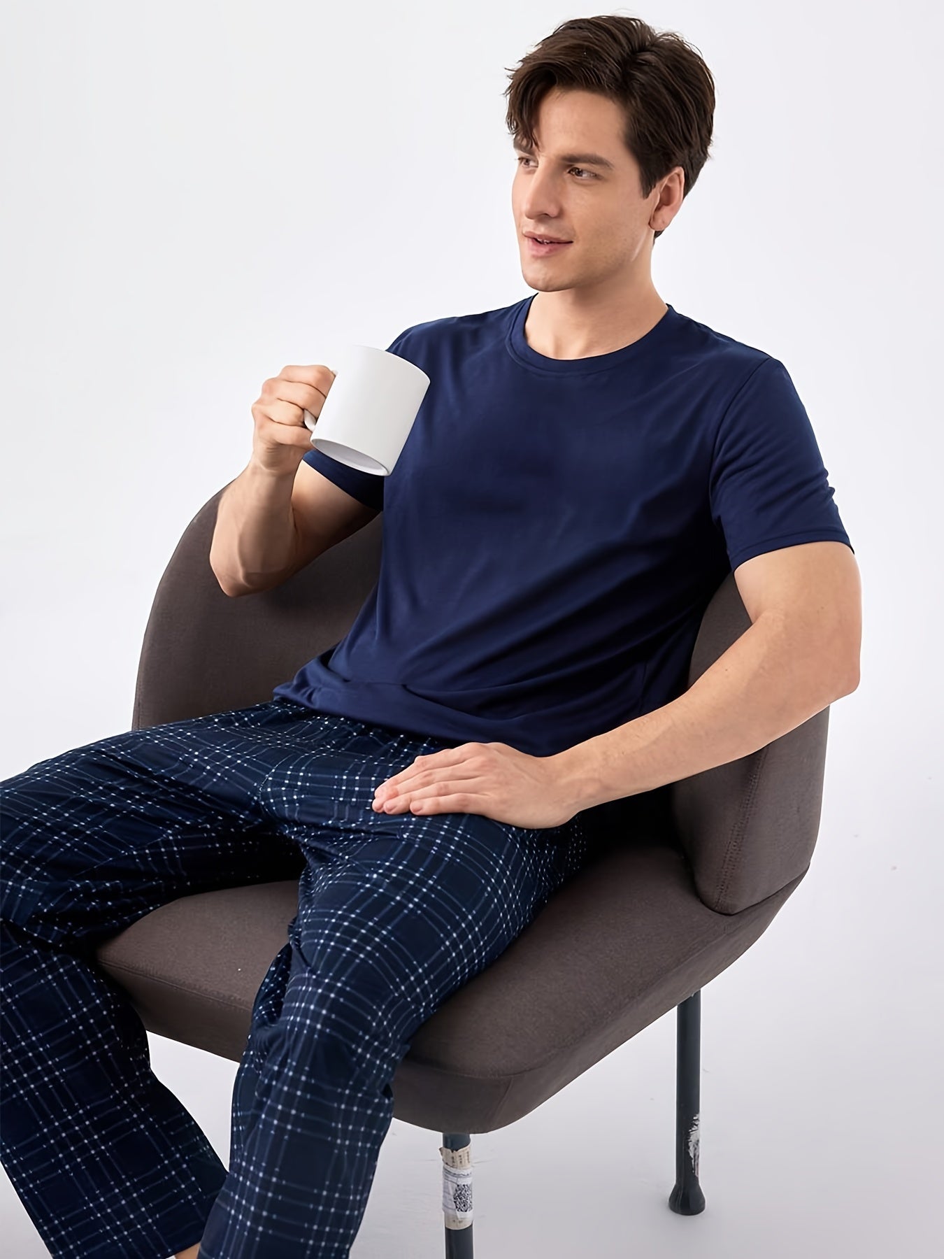 Men's Blue Pajama Set with Short Sleeve Crew Neck Top and Plaid Trousers