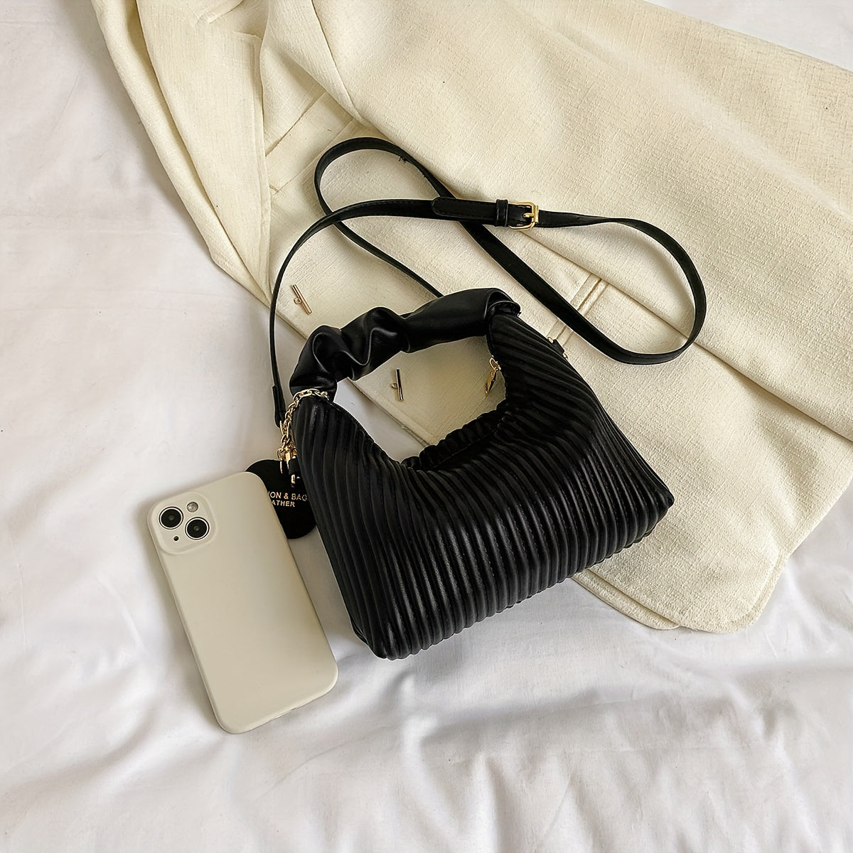 Elegant Pleated Handbag for Evening Events in White and Black PU Material