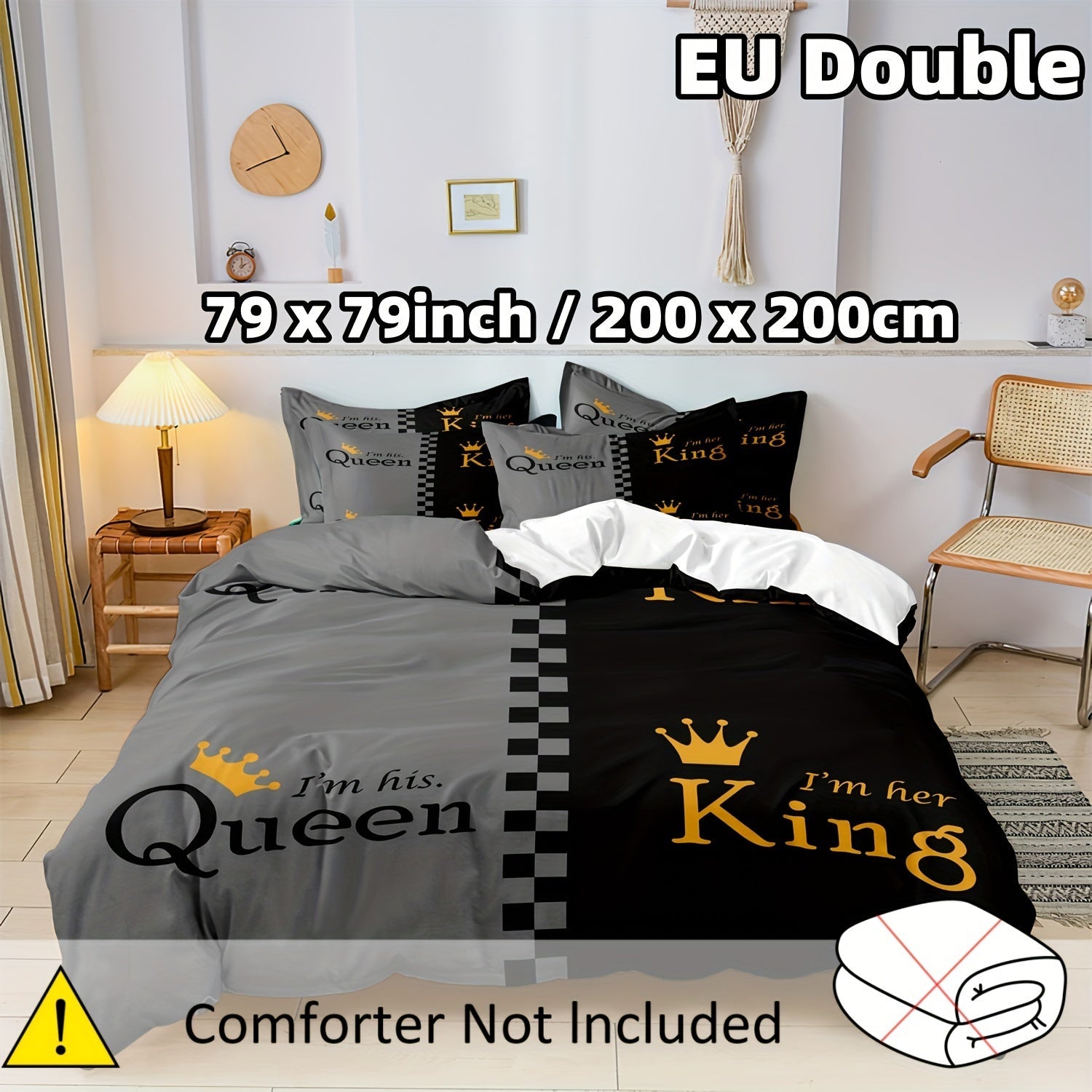 Black and Gray Crown Design Duvet Cover Set for Men Women 2/3pcs Queen King