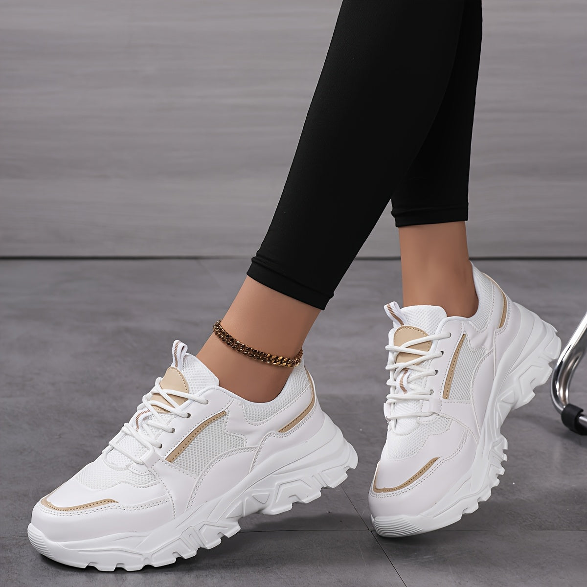 Women's White Mesh Casual Sneakers with Gold Accents All-Season Comfort