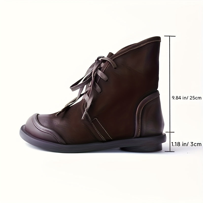 Women Leather Ankle Boots Casual Lace-Up Rubber Sole Winter Solid Color
