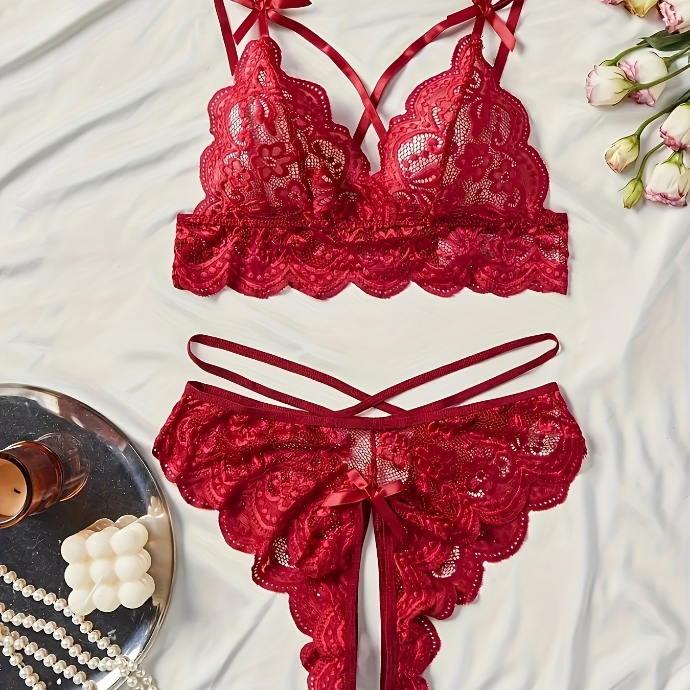 Women's Lace Lingerie Set with Floral Pattern and Polyester Knit Fabric