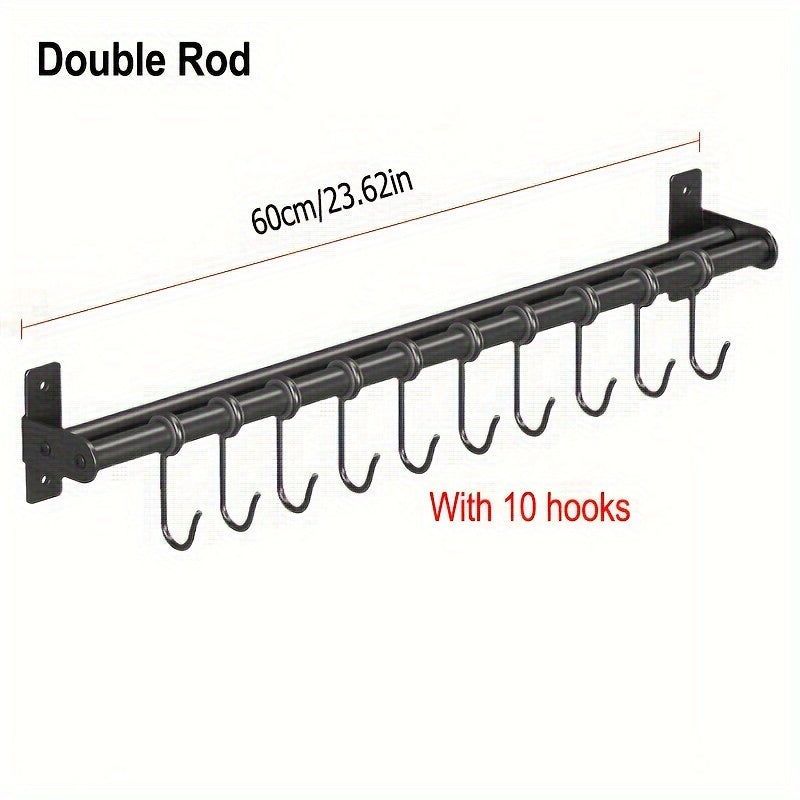 Wall-Mounted Steel Storage Rack with Hooks for Kitchen and Entryway Organizer