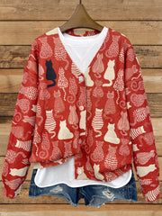 Plus Size Women's Cozy V-Neck Cardigan with Cat Print Long Sleeve Sweater