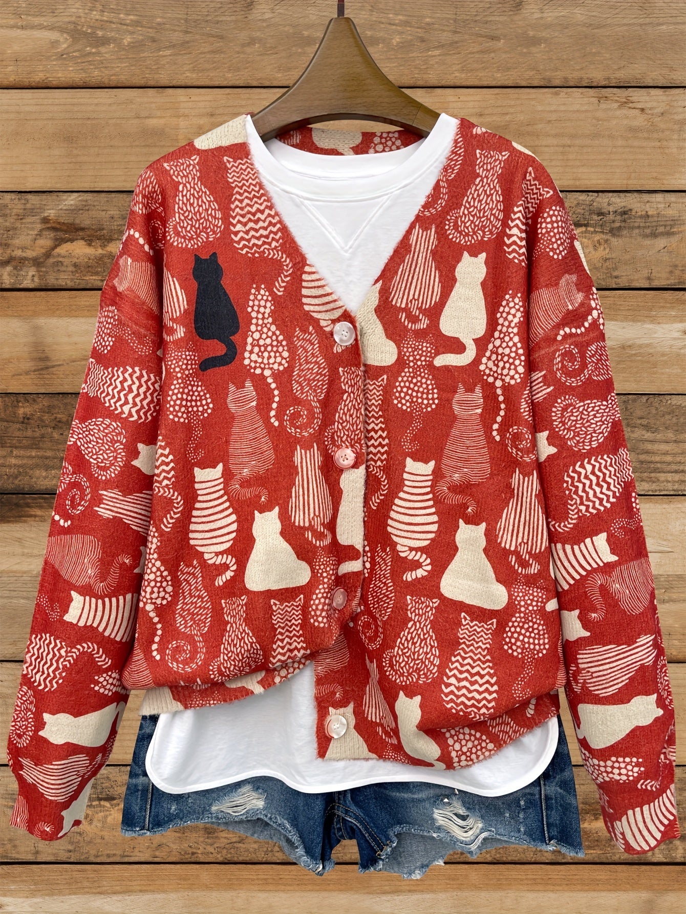 Plus Size Women's Cozy V-Neck Cardigan with Cat Print Long Sleeve Sweater