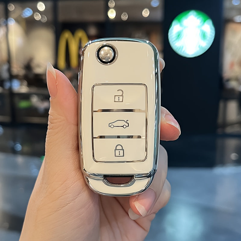 Universal TPU Car Key Cover Protector with Diamond Woven Keychain Black