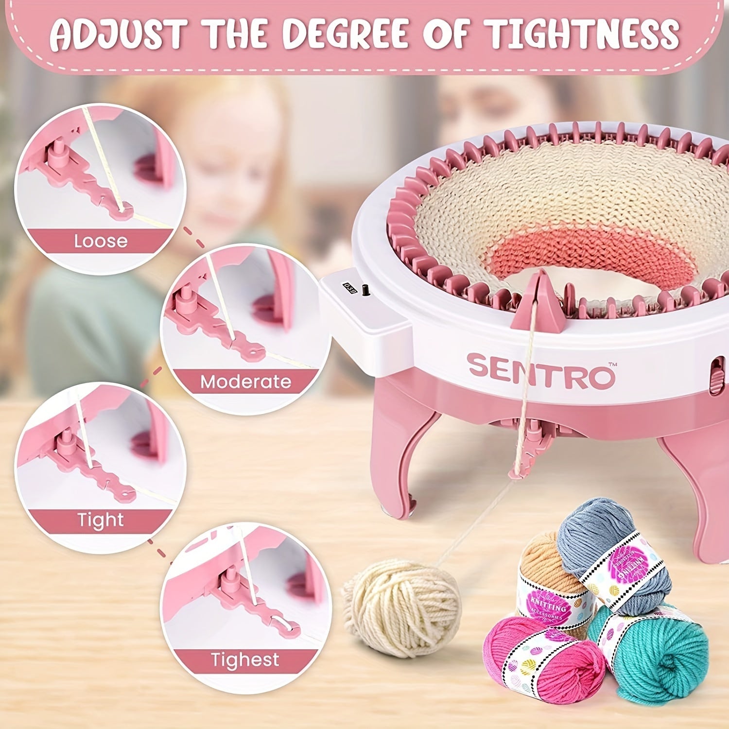 Yoshlar va boshlovchilar uchun 48 ignli to'qish mashinasi to'plami, turadigan joy bilan, pushti