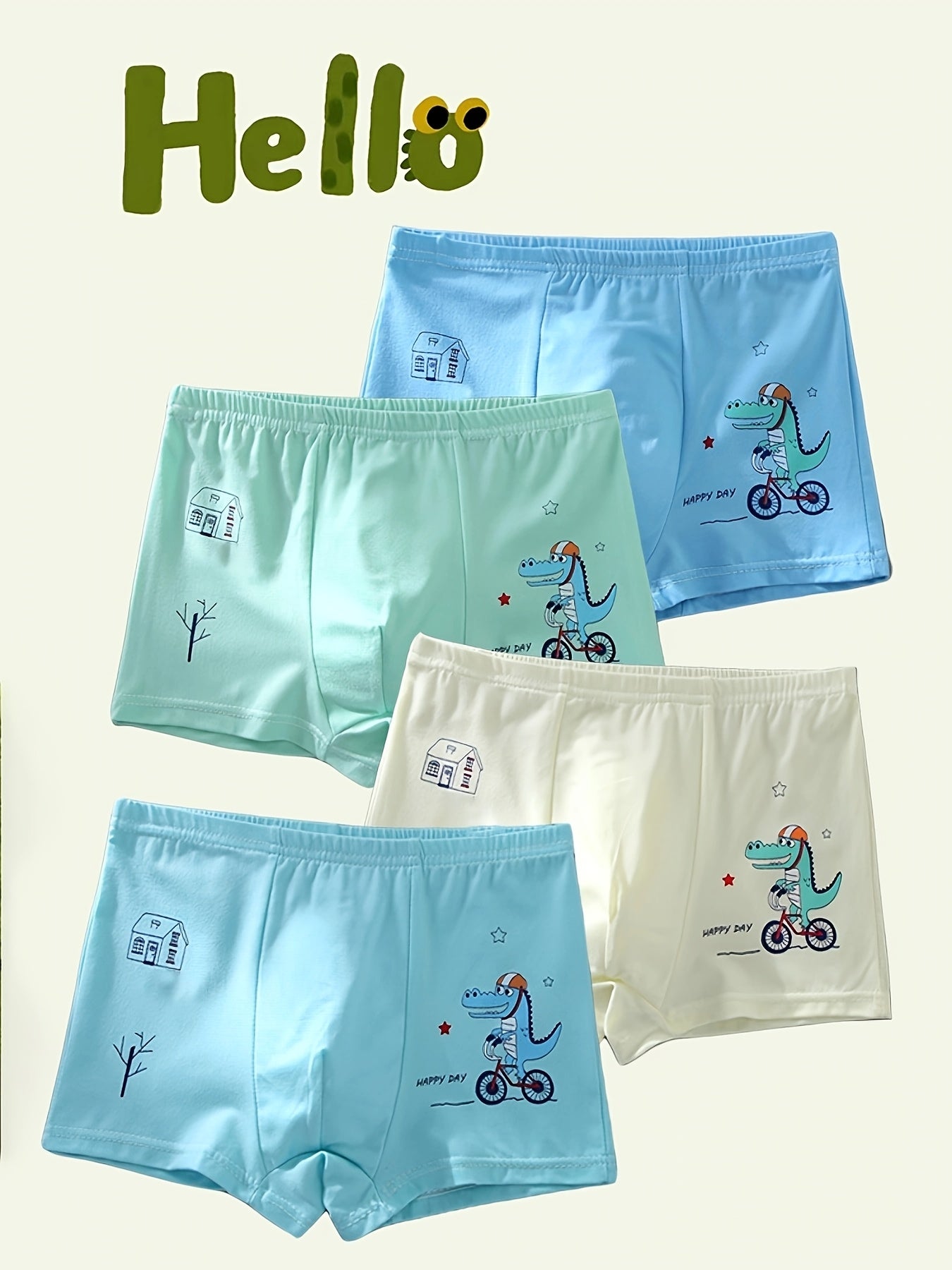 4-to'plam Bola uchun bokserlar, multfilm dinozavr bosimi, nafas oladigan polyester, elastik moslik, sport ichki kiyimlari
