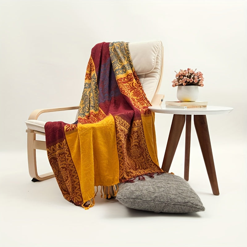 Manta de Jacquard Boho con flecos de chenilla para sofá o cama