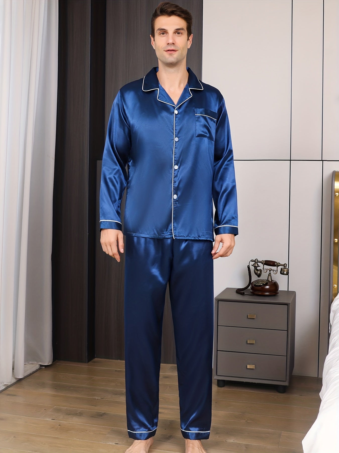 Men's Silk Pajama Set Long Sleeve Solid Color Casual for Spring Summer Autumn