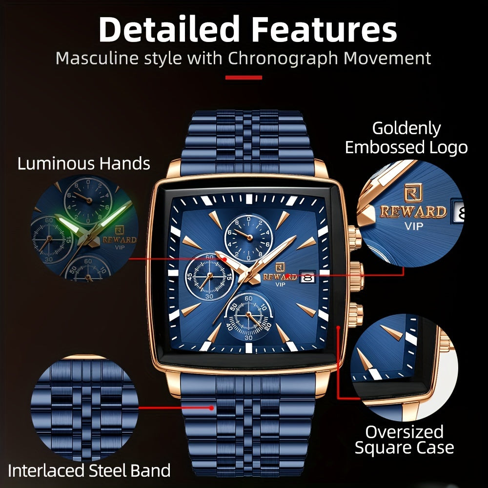 Men's Luxury Watch Blue Rectangle Quartz Wristwatch with Luminous Hands
