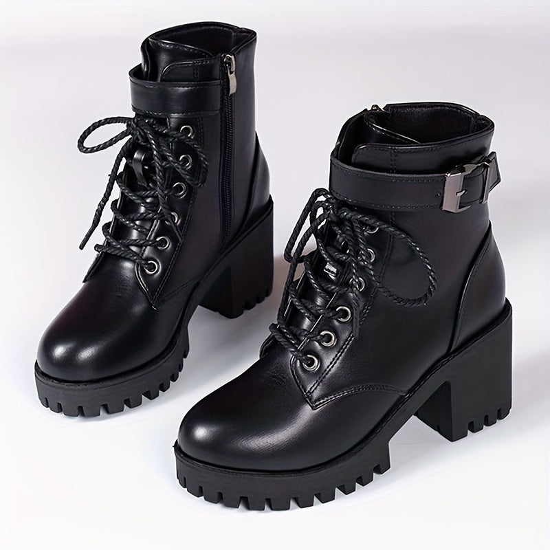 Women's Solid Color Chunky Heel Lace Up Ankle Boots