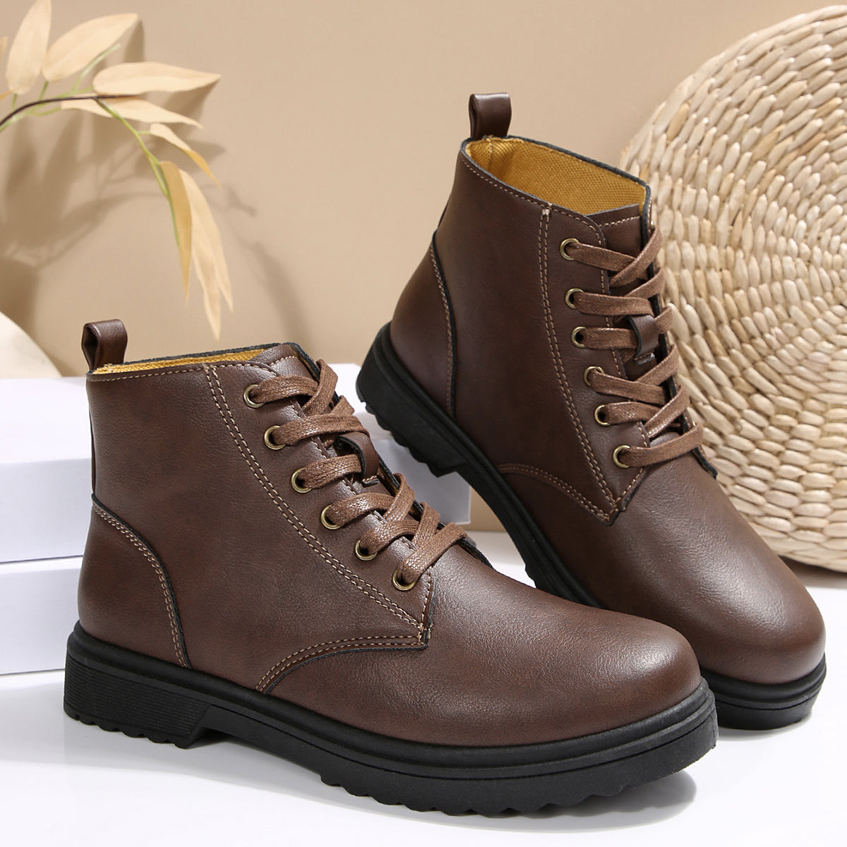 Women's Brown Synthetic Ankle Boots with Lace-Up Closure and Flat Heel