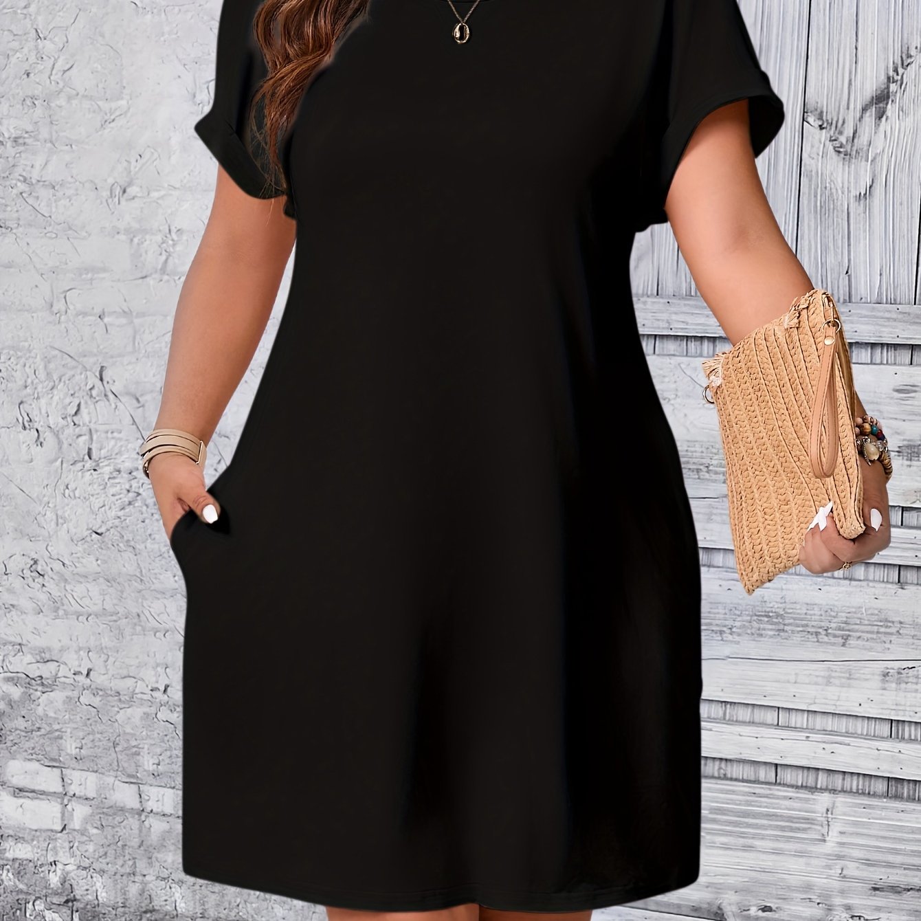 Plus Size Solid Loose Dress Casual Short Sleeve Spring Summer Women