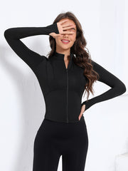 Women's Slim Fit Full-Zip Athletic Casual Jacket with Long Sleeves in Solid Color