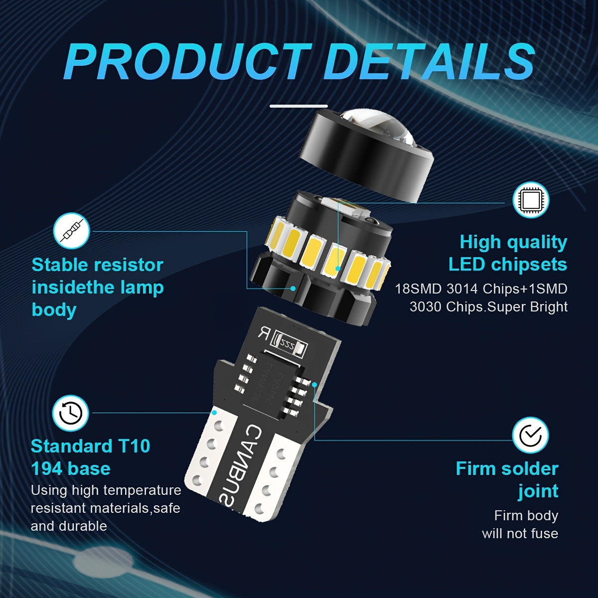 2 Pcs T10 W5W LED Headlight Bulbs for Car Interior Dome Map Door License Plate Black