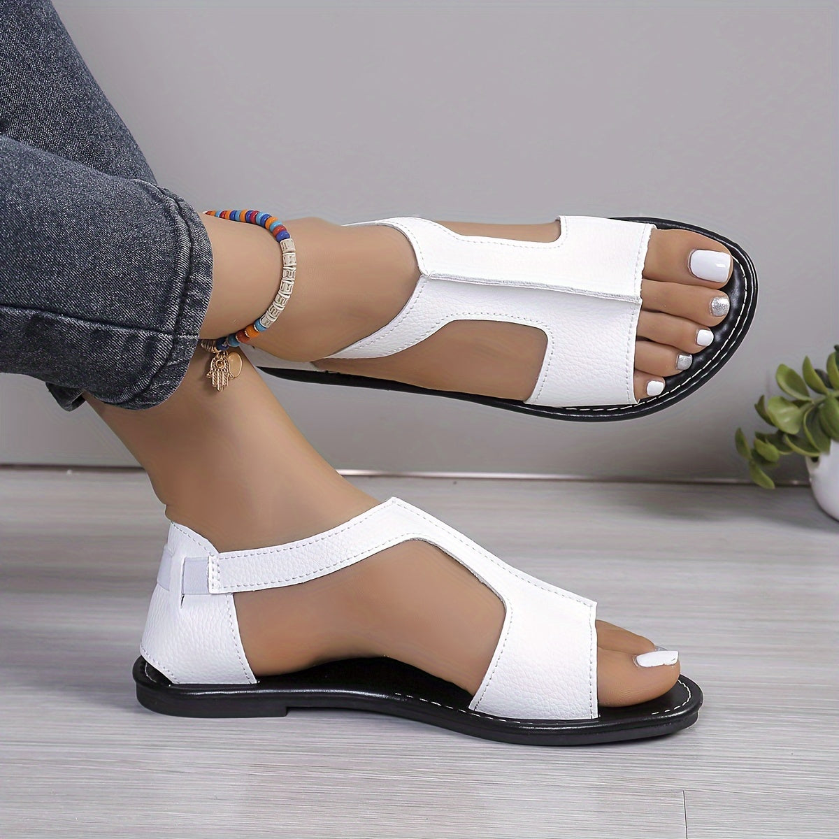 Women's Flat Sandals Solid Color Open Toe Slip-On Summer Lightweight Casual