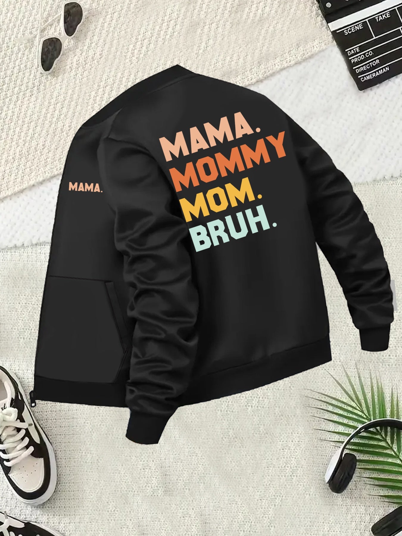 Plus Size Women's Casual Baseball Collar Jacket with "MAMA" Print