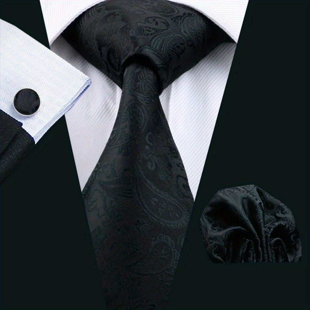 Men's Jacquard Woven Black Tie Set with Cufflinks and Hanky for Weddings and Business