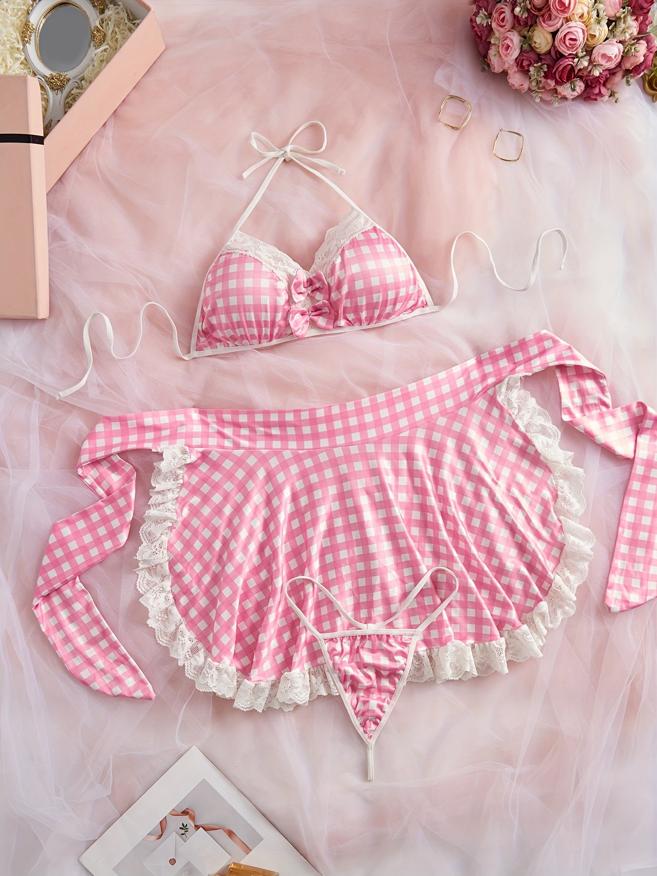 Plaid Maid Outfit with Ribbon Bow and Sexy Lingerie for Women