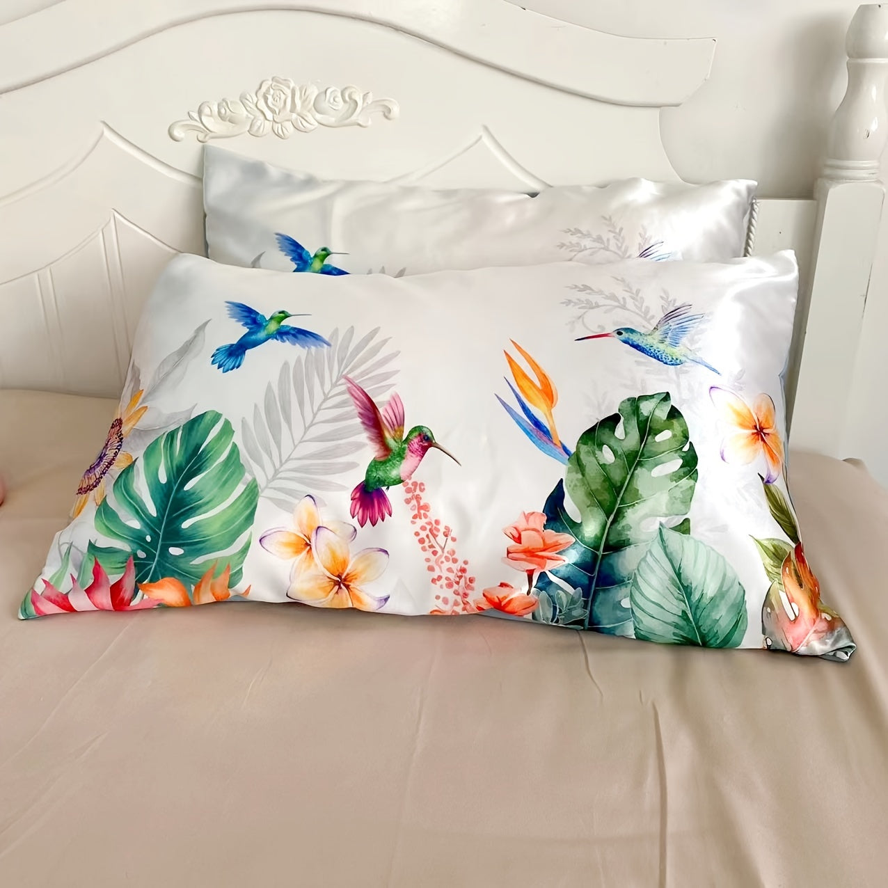 Set of 2 Satin Pillowcases with Floral Bird Patterns Reversible Envelope Closure