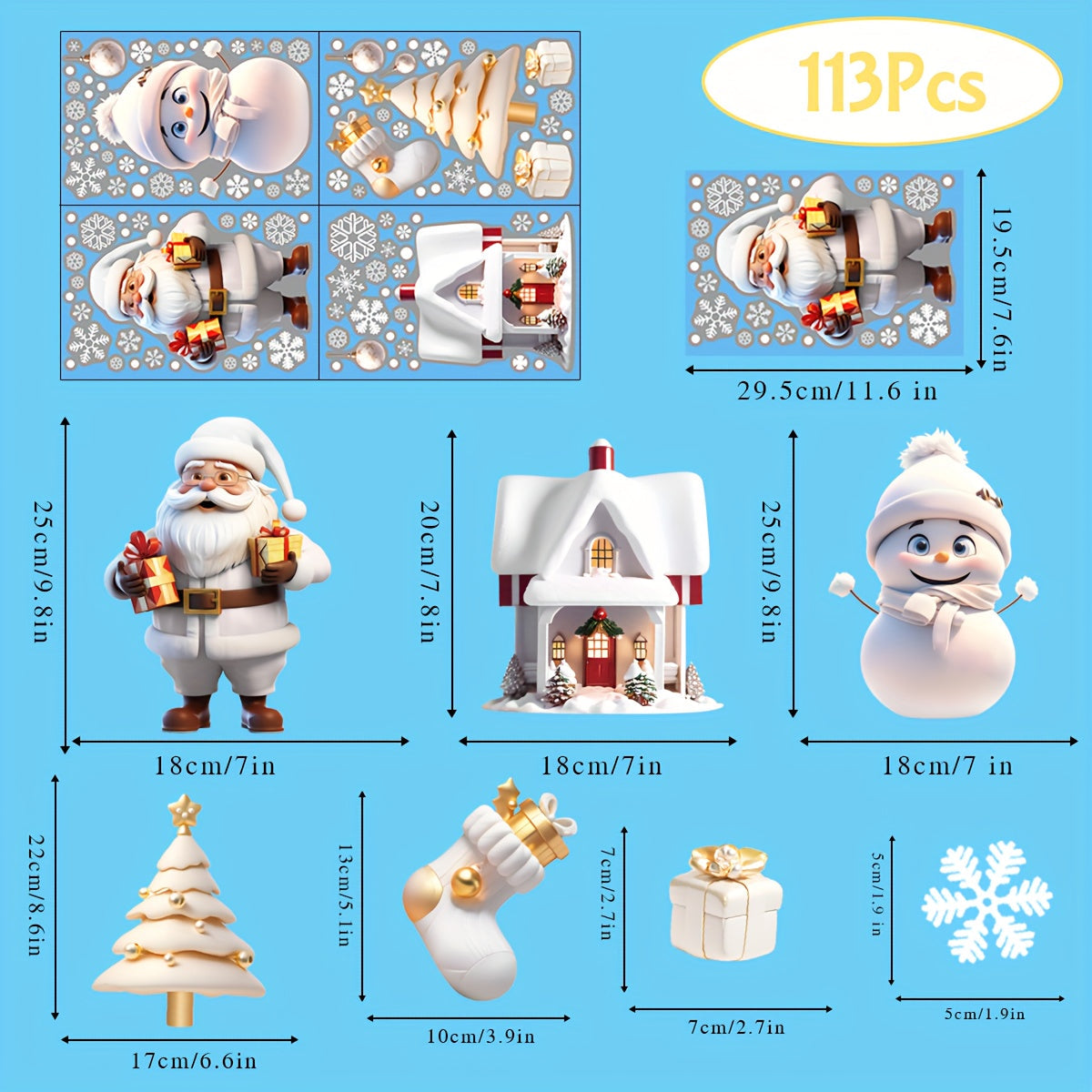 113 Christmas Window Clings Set Snowflakes Santa Snowmen Holiday Decor