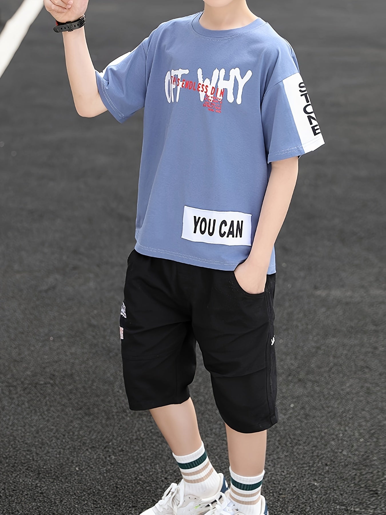 Yigitlar uchun paxta harf grafikasi T-shirt va shortlar to'plami, yoz uchun, 12 yosh va undan kichik bolalar