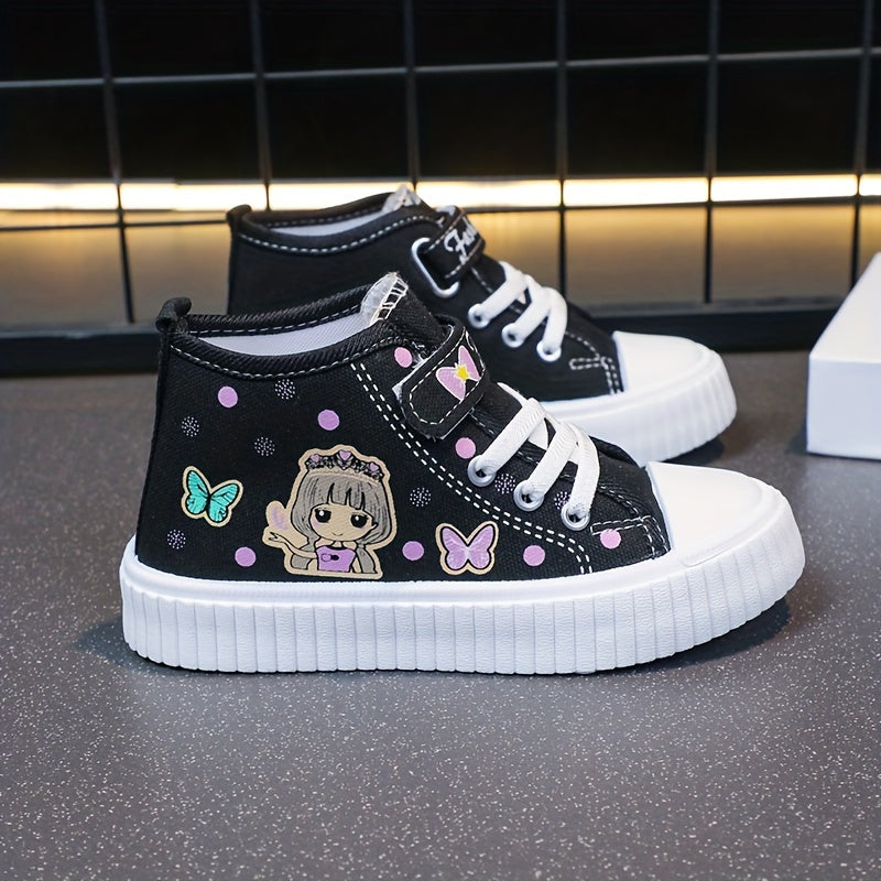 Girls' Canvas Sneakers with Cartoon Pattern, Ruffled Details, Hook-and-Loop Closure