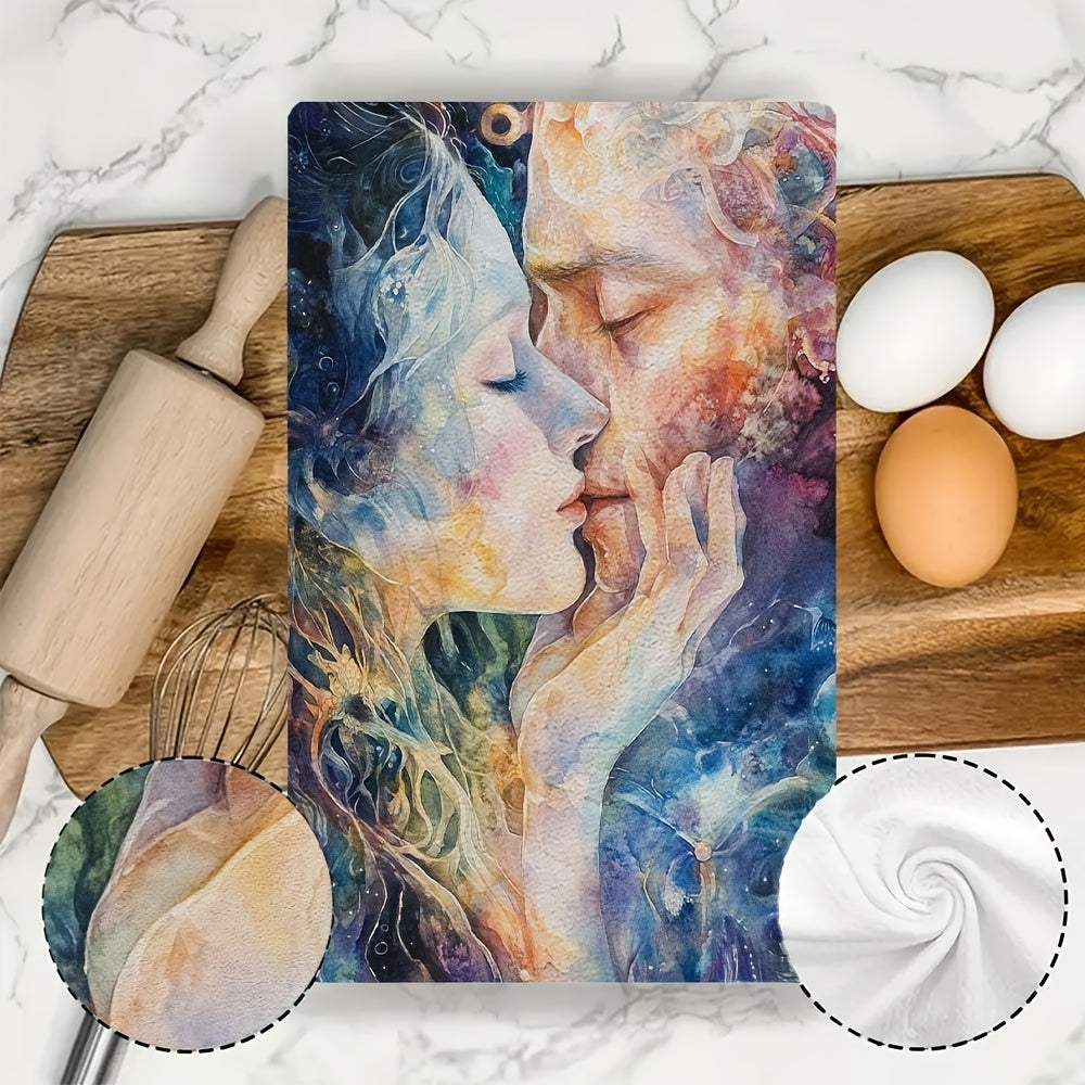 Набор из 2 мягких кухонных полотенец 40x60 см с ярким космическим цветочным узором, впитывающие