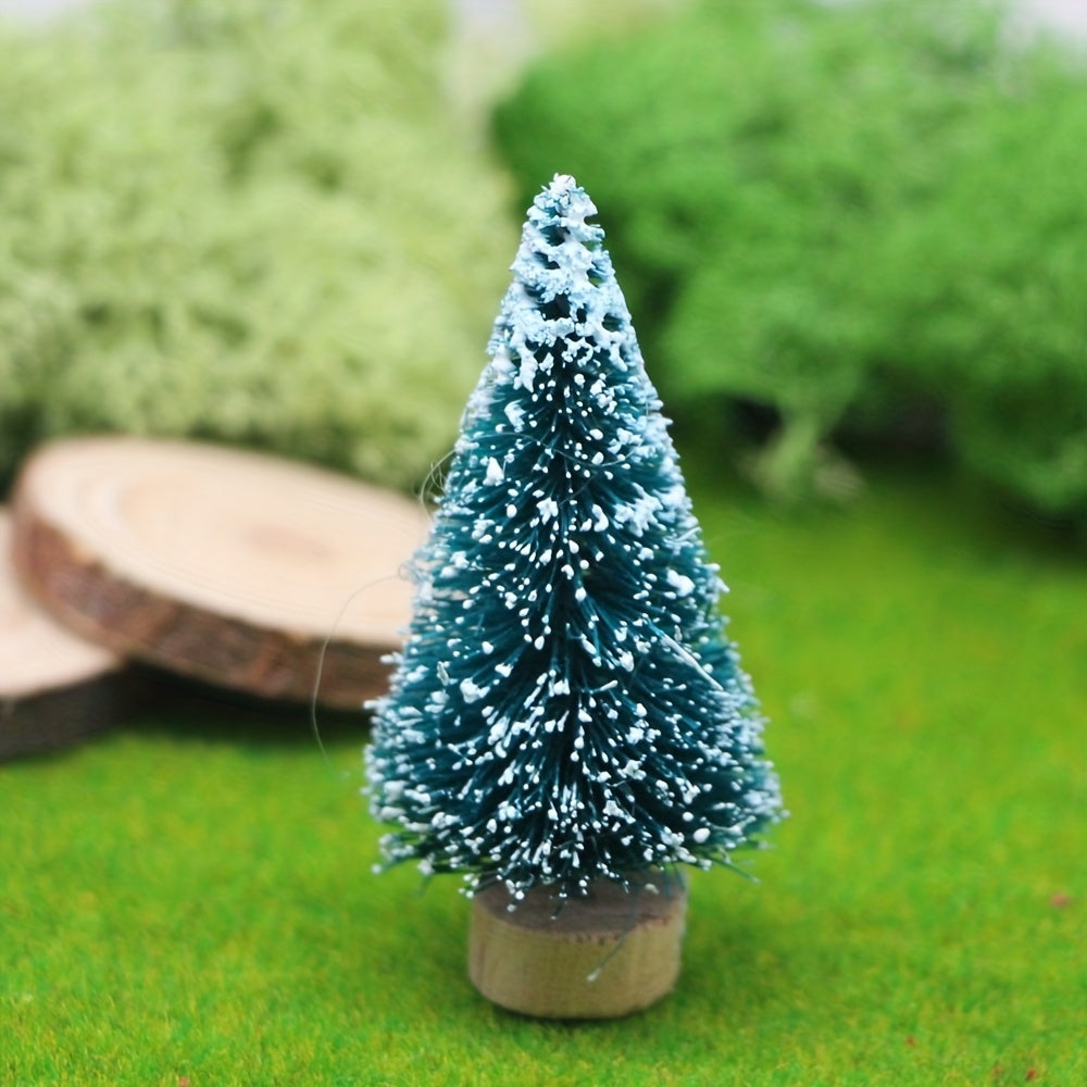 12 Mini Christmas Snow Frost Trees with Wooden Bottle Brush Base for Holiday Decor