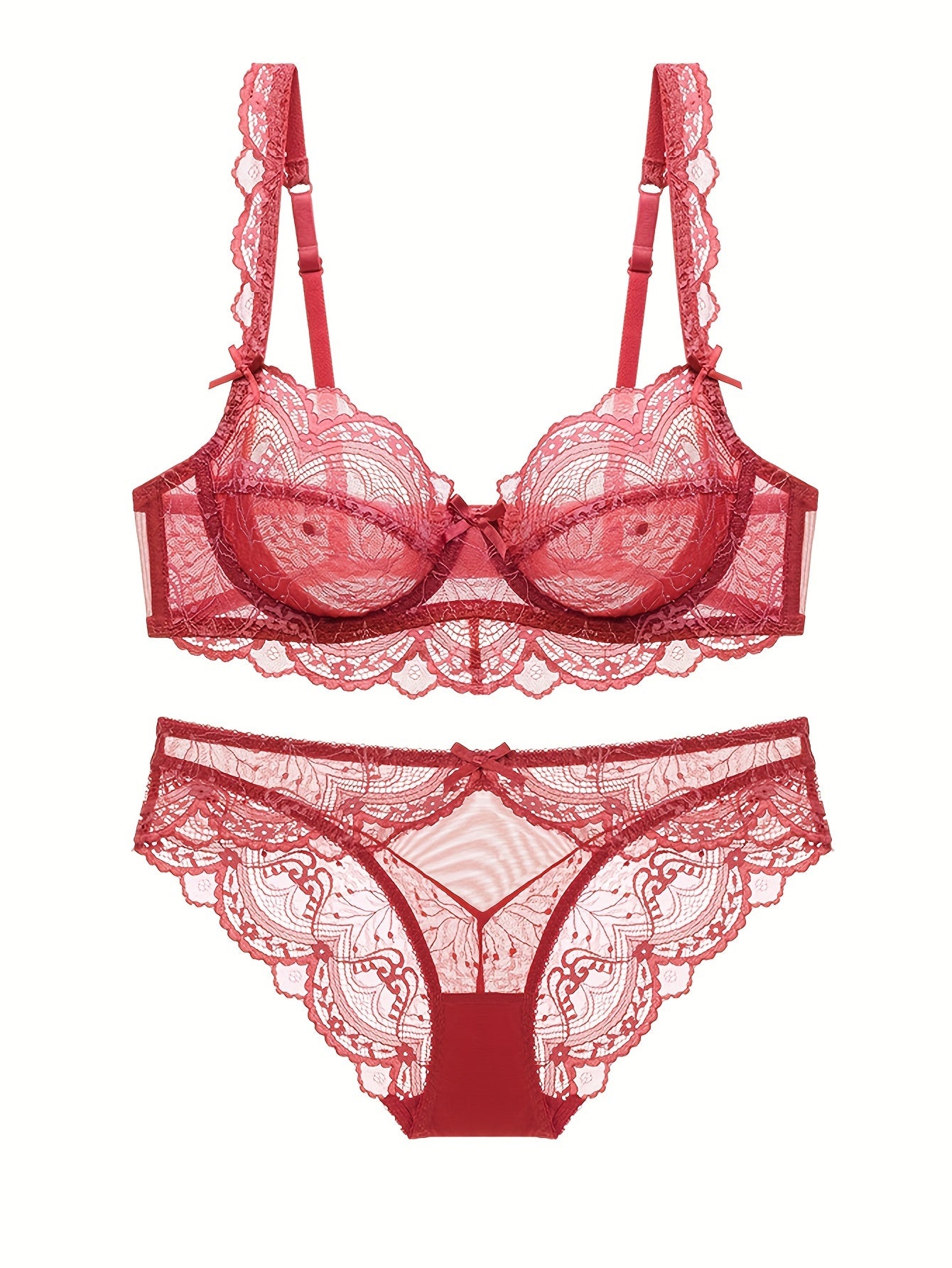 Plus Size Lace Lingerie Set with Bow and Spaghetti Strap Solid Color High Stretch