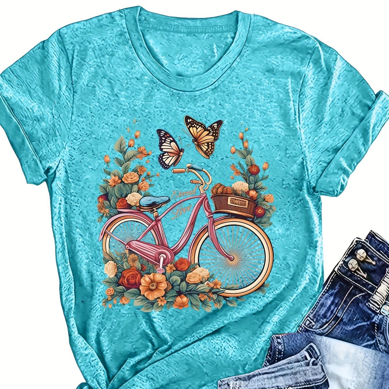 Women's Turquoise Short Sleeve T-Shirt Breathable Casual Top with Floral Print