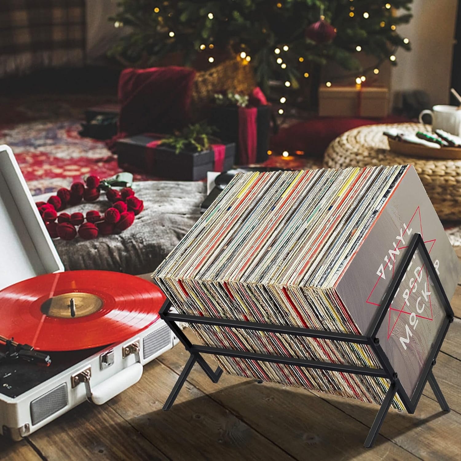 Black Metal Record Shelf for Albums Books Magazines 80-100 Capacity