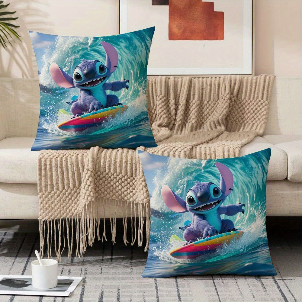 Ikki Disney Stitch serfboard dizayni tashqi yostiq qoplamalari to'plami, divanlar va yashash xonalari uchun zamonaviy yostiq qoplari, mustahkam ochiq havoda foydalanish uchun yostiq qoplamalari