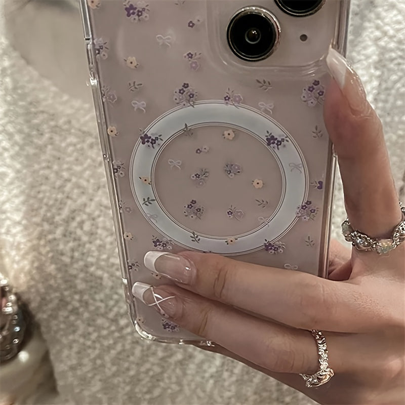 Purple Floral Pattern Magnetic Phone Case with Bow Design and Card Holder in TPU