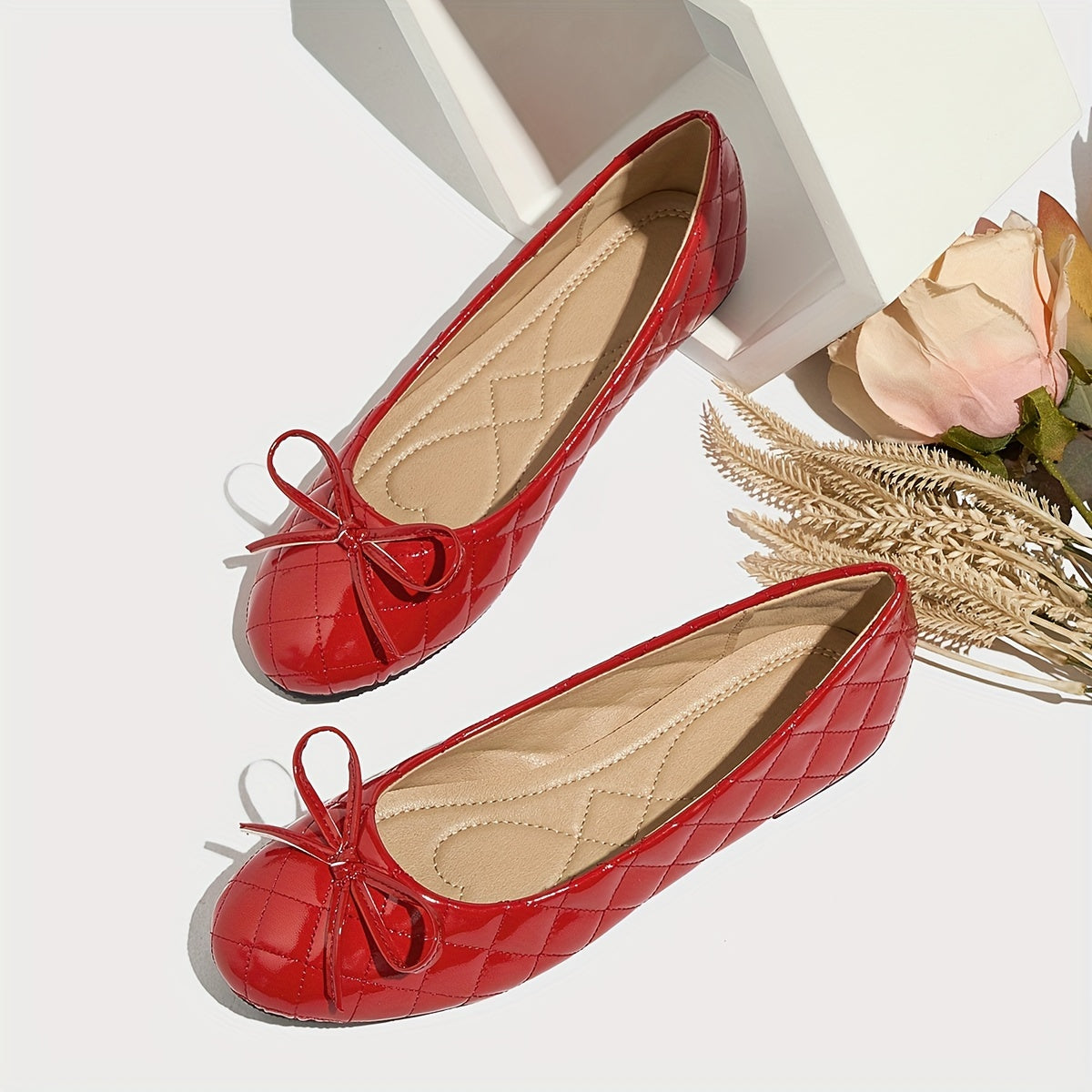 Women's Quilted Ballet Flats with Round Toe and Ankle Tie