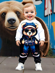 Baby Boy Sweatshirt and Pants Set with Hooded Bear Print for Fall Winter
