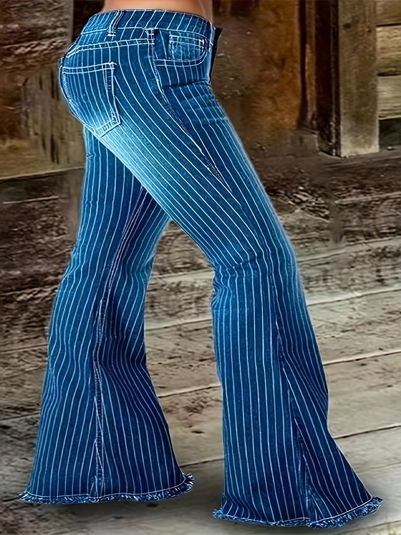 Women's Plus Size High-Waisted Flared Pants Blue White Striped Wide-Leg Trousers