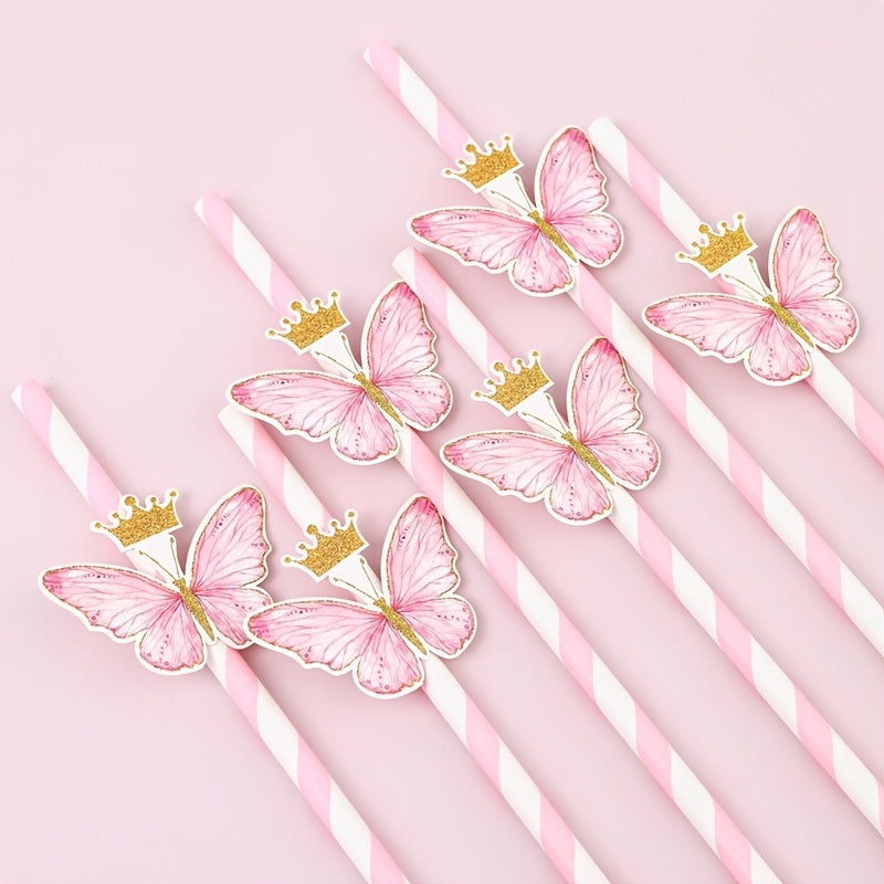 Pink Butterfly Paper Straws for Children's Parties and Celebrations 20 Pack