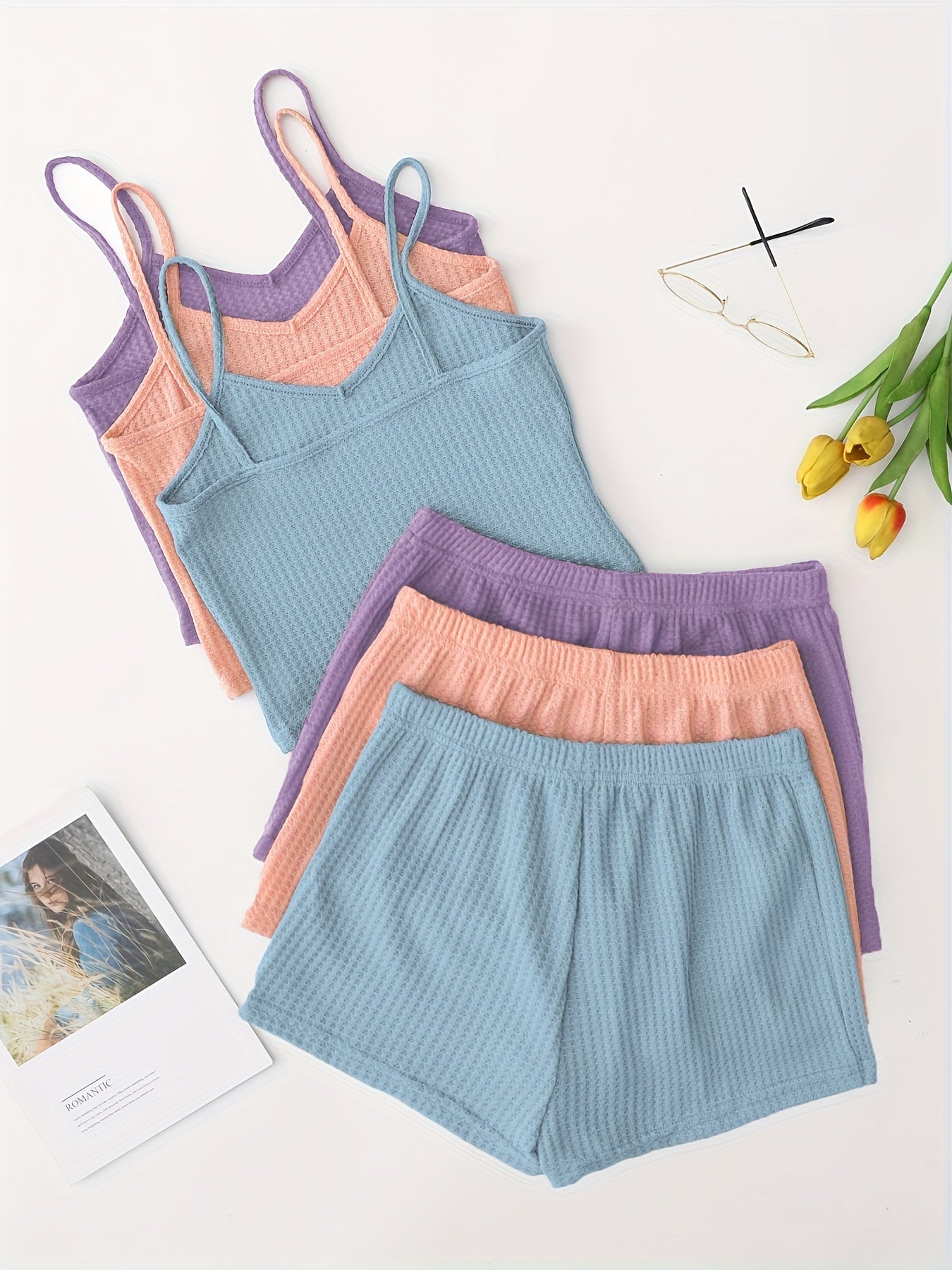 Women's Waffle Lounge Set Camisole Top Shorts Elastic Waist Casual Sleepwear