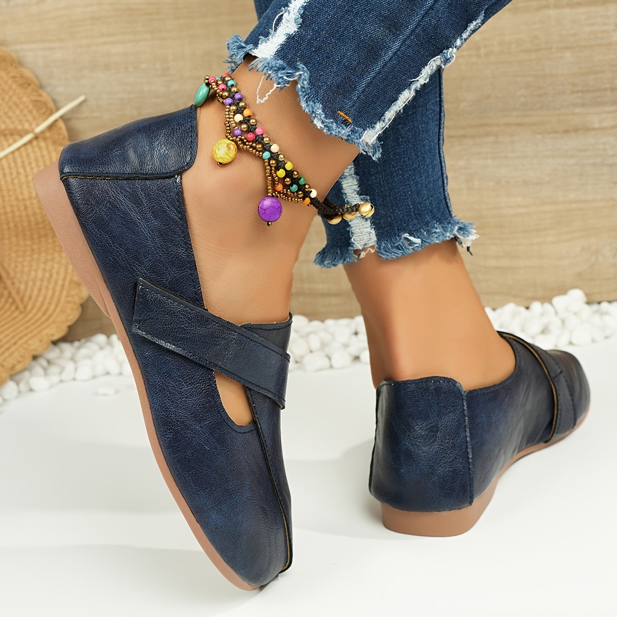 Women's Retro-Style Comfort Flats with Hook-and-Loop Fastener in Green