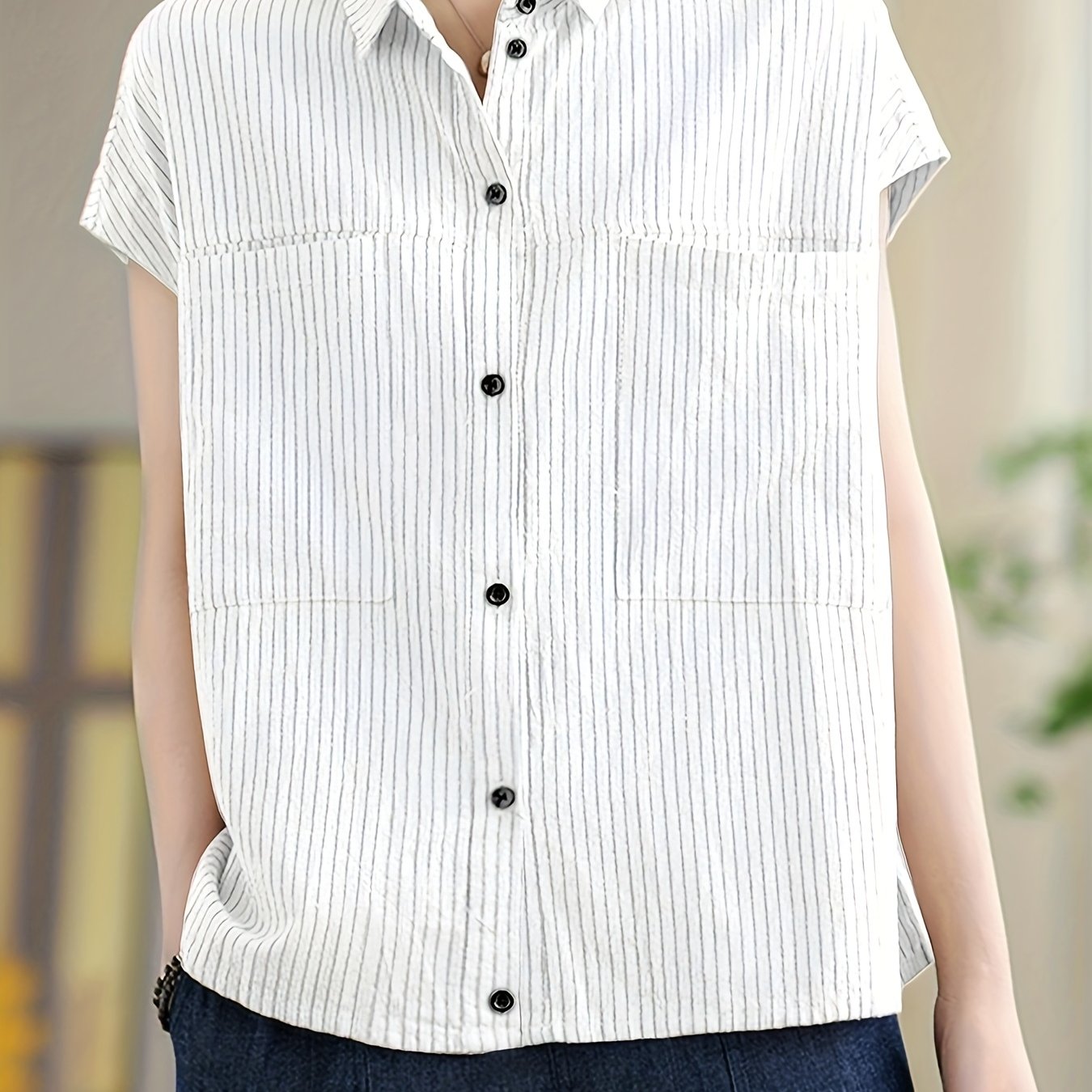 Plus o'lcham ayollar uchun erkin fit tugma bilan yopiladigan ko'ylak qora oq chiziqlar ofis kundalik