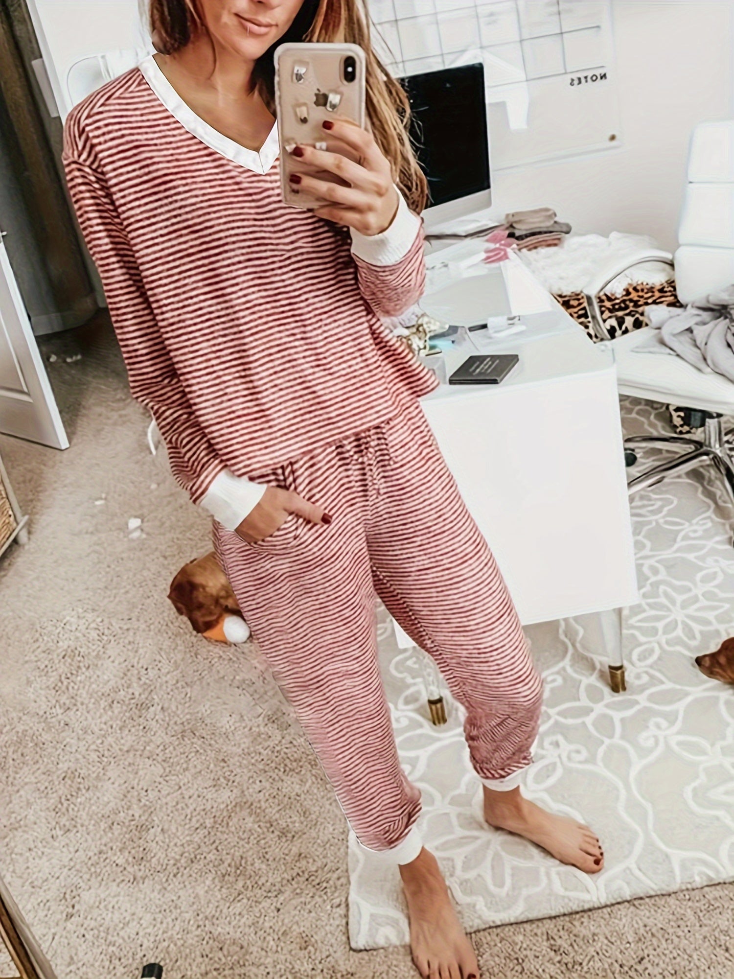 Women's Knit Striped Pajama Set Long Sleeve V-Neck Drawstring Fall Winter Lounge