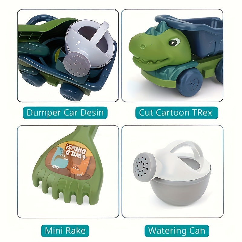 Kids Dinosaur Beach Toy Set with Dump Truck Watering Can Shovel Rake Sand Molds 7 Pieces