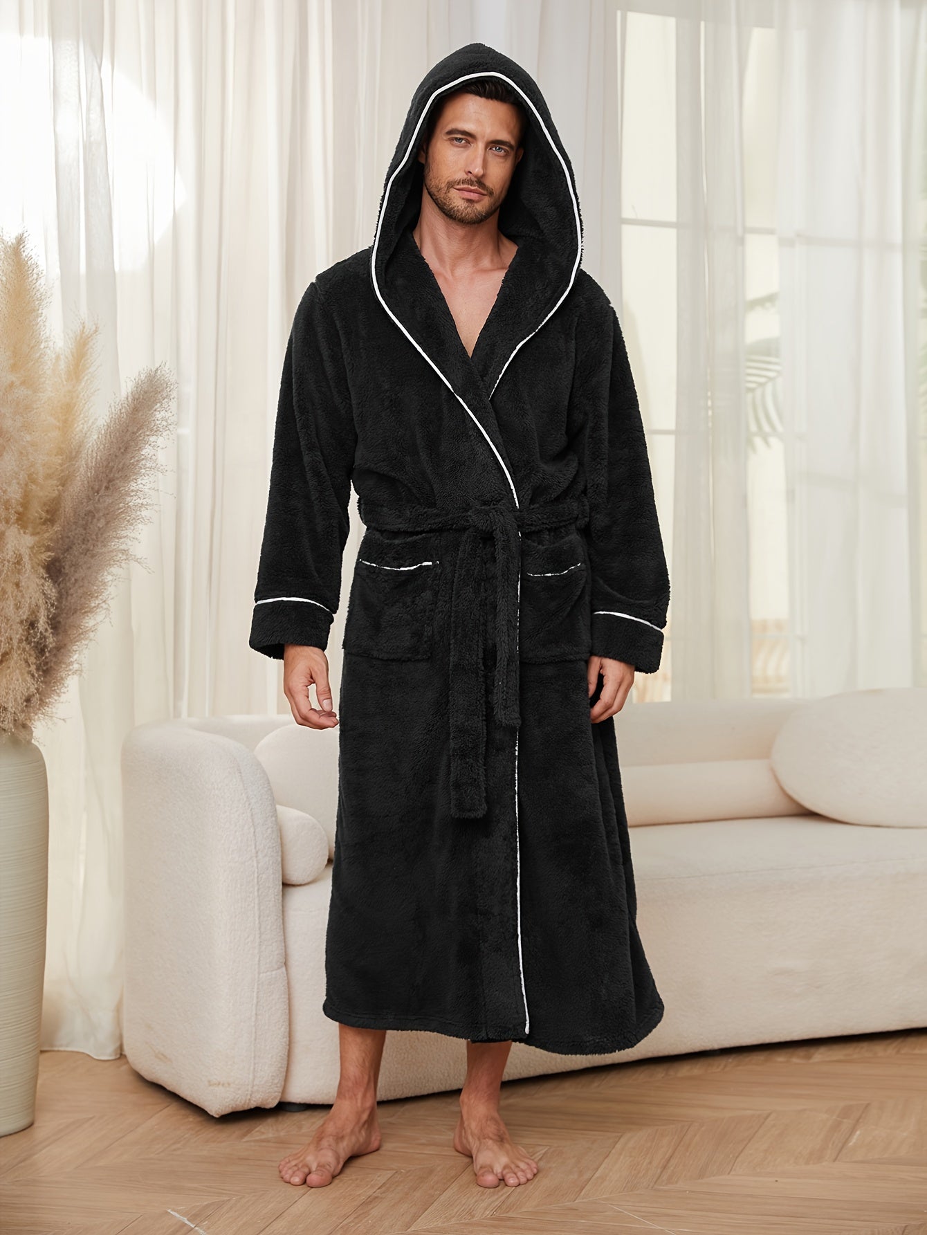 Men's Flannel Fleece Robe with Hood Pockets Belt for Fall Winter Lounge