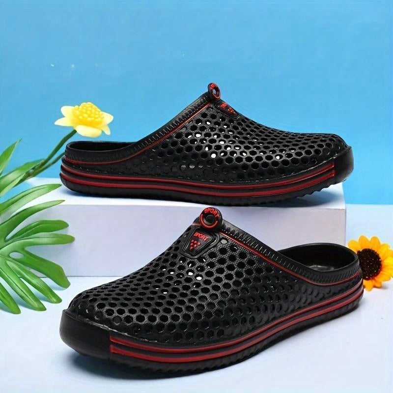 Ayollar uchun qizil EVA slip-on sandalilar, teshikli dizayn bilan